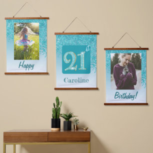 Decorative Teal Glitter 2 Photos 21st Birthday Hanging Tapestry