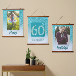 Decorative Teal Glitter 2 Photos 60th Birthday Hanging Tapestry