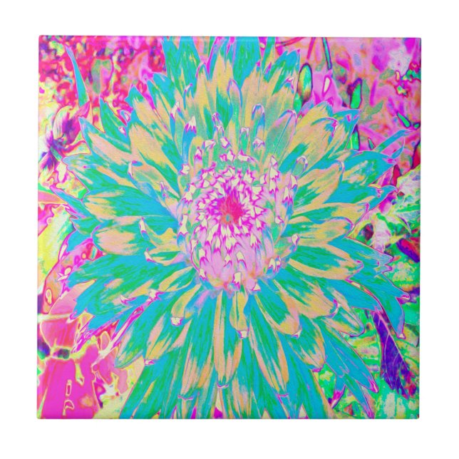 Decorative Teal Green and Hot Pink Dahlia Flower Ceramic Tile (Front)