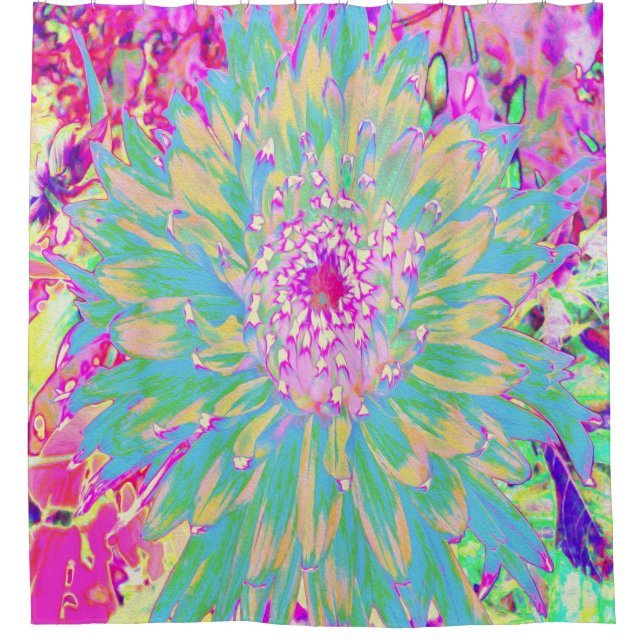 Decorative Teal Green and Hot Pink Dahlia Flower Shower Curtain (Front)