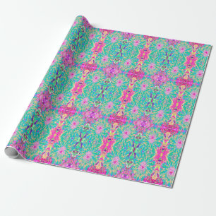 Decorative Teal Green and Hot Pink Dahlia Flower Wrapping Paper