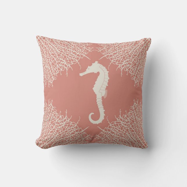 Decorative throw pillow with seahorse and coral (Front)