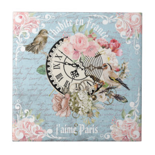 Decorative trendy vintage French lettters Floral Ceramic Tile