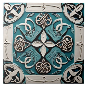 Decorative Turquoise & White Celtic inspo abstract Ceramic Tile