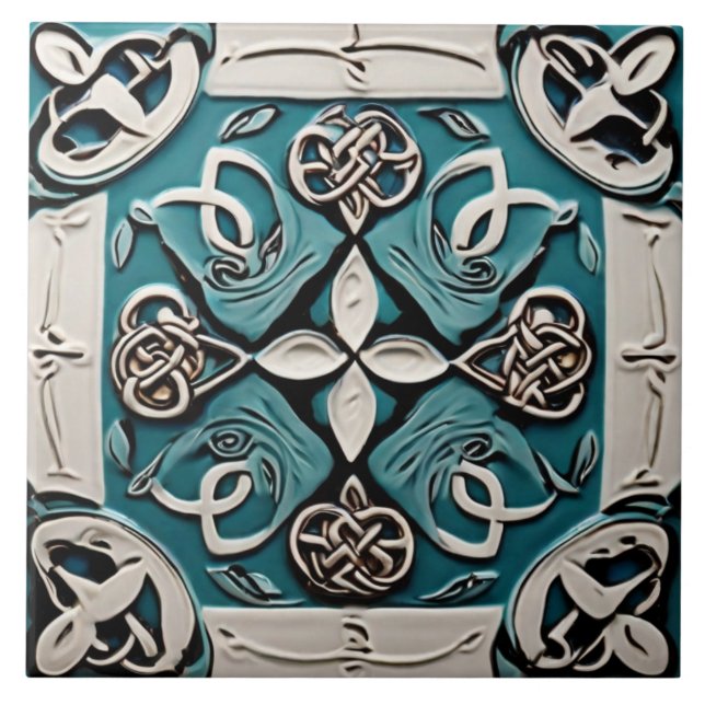 Decorative Turquoise & White Celtic inspo abstract Ceramic Tile (Front)