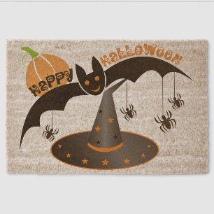 Decorative Typography Happy halloween and pumpkin Fiber Doormat