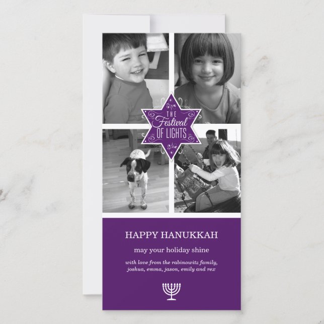 Decorative Typography Purple Star Hanukkah Holiday Card (Front)