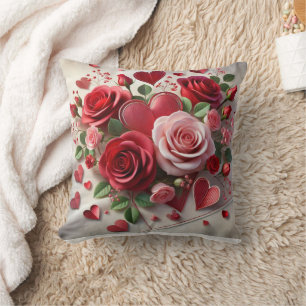 Decorative Valentines Day Roses and Hearts Throw Pillow