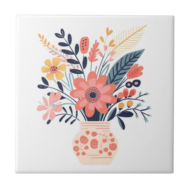 Decorative Vase and Flowers Illustrated Ceramic Tile (Front)