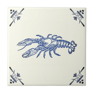 Decorative Vintage Blue Lobster on Ivory Ceramic Tile