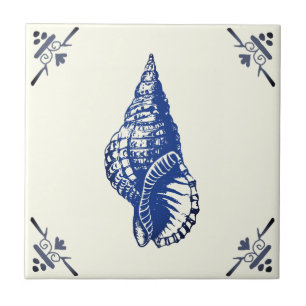Decorative Vintage Blue Seashell on Ivory Ceramic Tile