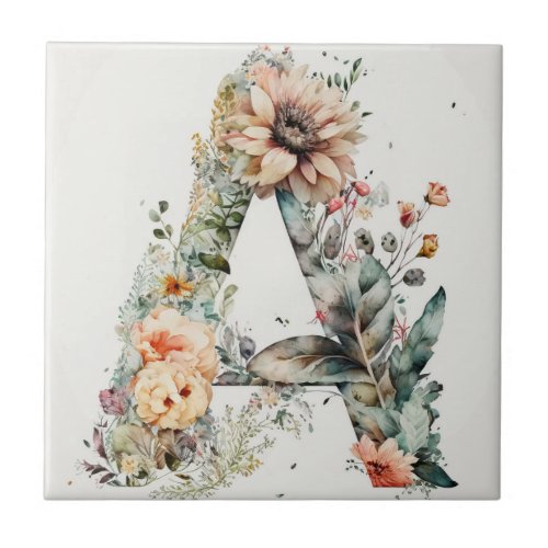 Decorative Watercolor Floral Art A Letter  Ceramic Tile