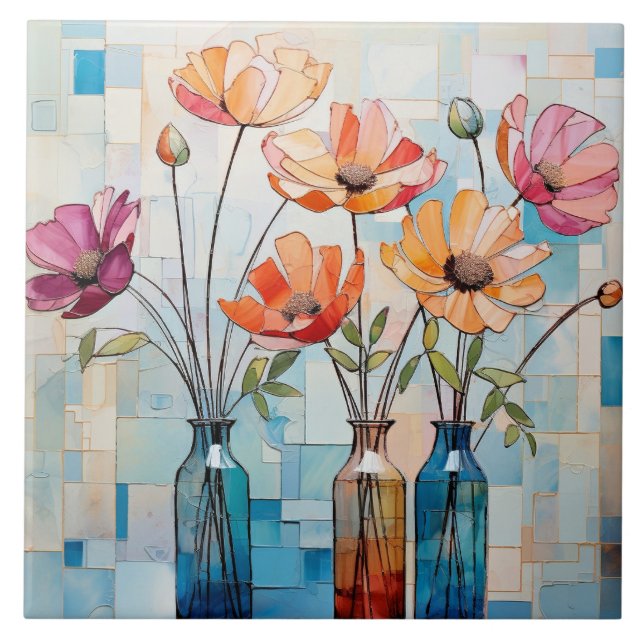 Decorative watercolor flowers ceramic tile (Front)