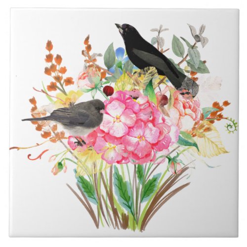 Decorative Watercolor Hydrangea with Birds  Ceramic Tile