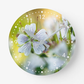 Decorative White Geranium Flower Soft Bokeh Photo Round Clock