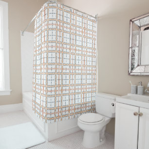 Decorative White Orange Blue Detailed Grid Pattern Shower Curtain