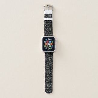 Decorative White Scrolling Curves on Black Apple Watch Band