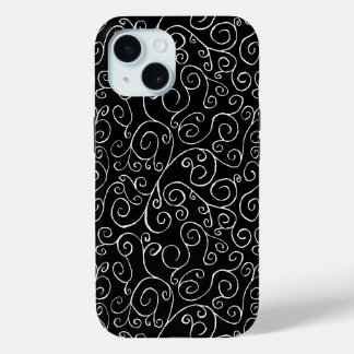 Decorative White Scrolling Curves on Black iPhone 15 Case