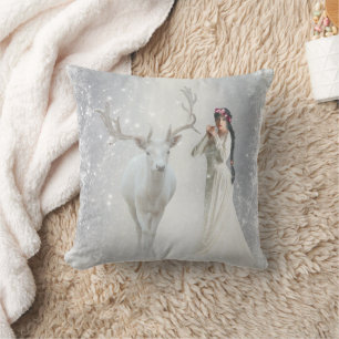 Decorative White Snow Reindeer Happy Holidays Throw Pillow
