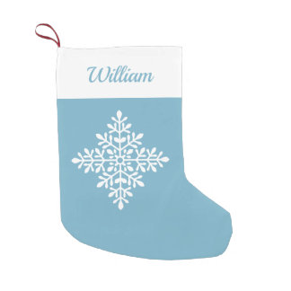 Decorative White Snowflake On Light Blue And Name Small Christmas Stocking