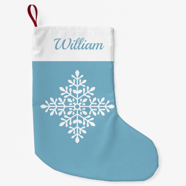 Decorative White Snowflake On Light Blue And Name Small Christmas Stocking (Front)