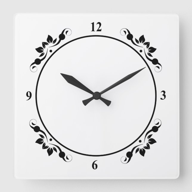 Decorative White with Black Face Personalize Art Square Wall Clock (Front)