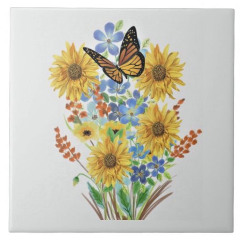 Decorative Wildflower Bouquet and Butterfly  Ceramic Tile