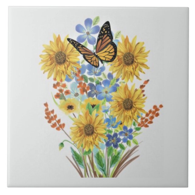 Decorative Wildflower Bouquet and Butterfly  Ceramic Tile (Front)