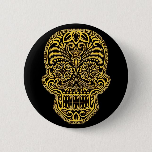 Decorative Yellow and Black Sugar Skull Pinback Button (Front)