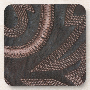 Decoratively Sewn Brown Vintage Leather Beverage Coaster