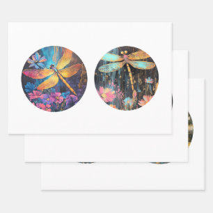 Decoupage 12" Circle Rounds Dragonfly Floral  Wrapping Paper Sheets