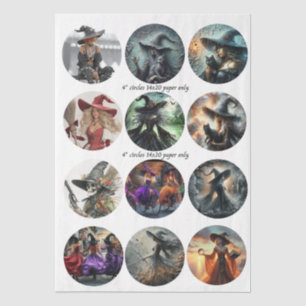 Decoupage 12 Witch Coaster Set 4" Circle Designs Tissue Paper