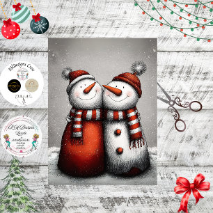 Decoupage 2 Snowmen Red Stripped Scarves Winter Tissue Paper