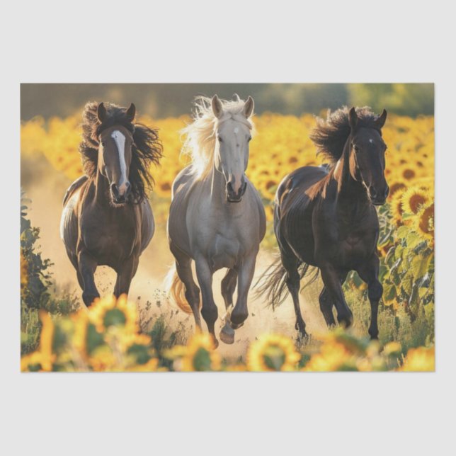 Decoupage 3 Horses Running Field Sunflowers  Tissue Paper (Front)