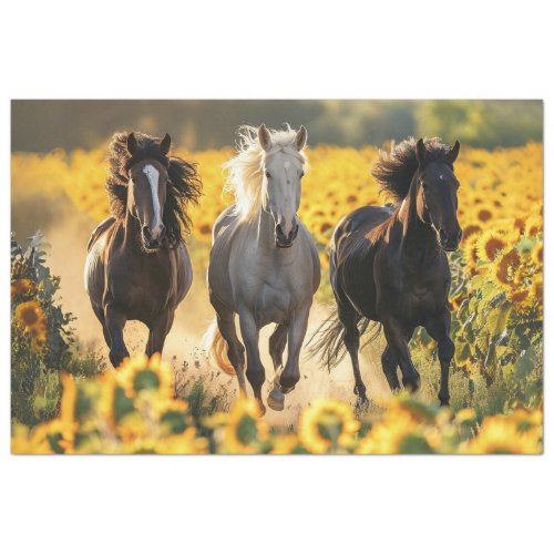 Decoupage 3 Horses Running Field Sunflowers  Tissue Paper