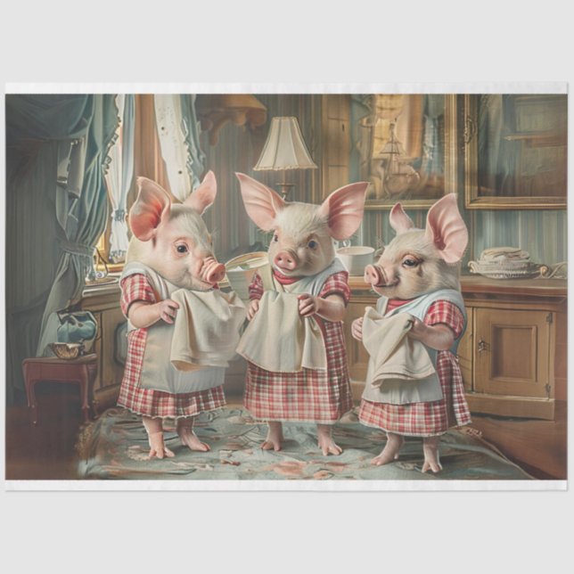 Decoupage 3 Little Pigs Checkered Clothes Kitchen Tissue Paper (Front)