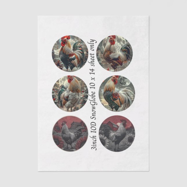 Decoupage 3" Snow Globe Moulds Roosters Red Barn Tissue Paper (Front)