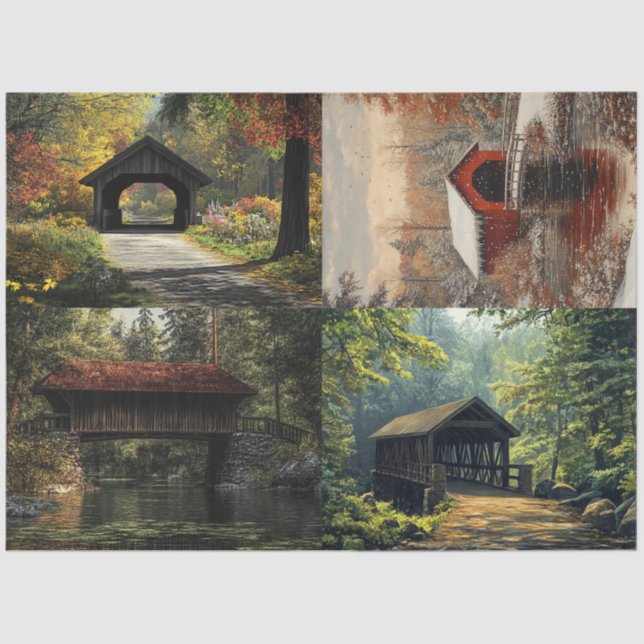 Decoupage 4 Designs Covered Bridges  Tissue Paper (Front)