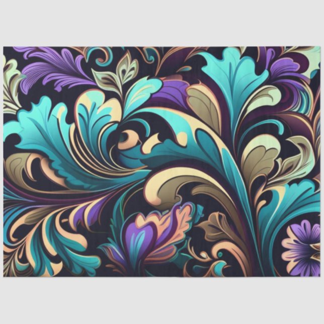 Decoupage Abstract Floral Pattern Purple Blue  Tissue Paper (Front)