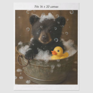 Decoupage Bear Cub Bubble Bath 16x20 Canvas Tissue Paper