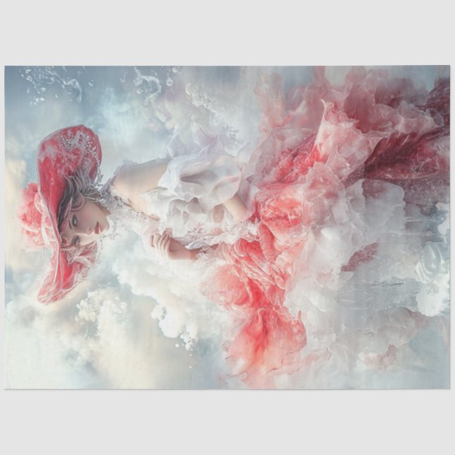 Decoupage Beautiful Woman Red White Cloud Dress Tissue Paper (Front)