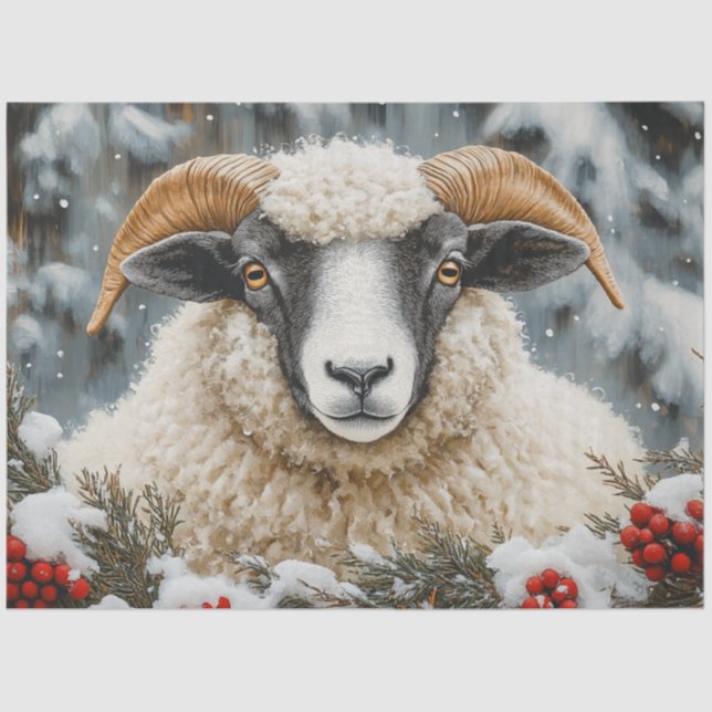 Decoupage Black Faced Ram Winter Scene Tissue Paper (Front)
