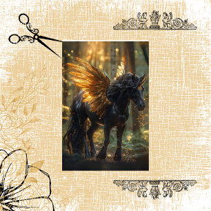 Decoupage Black Unicorn Golden Wings Forest Tissue Paper