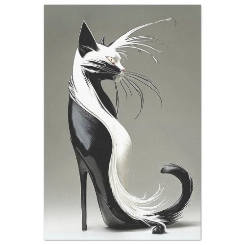 Decoupage Black White Cat in High Heel Shoe  Tissue Paper