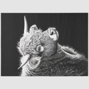 Decoupage Black White Highland Cow Ink Drawing  Tissue Paper