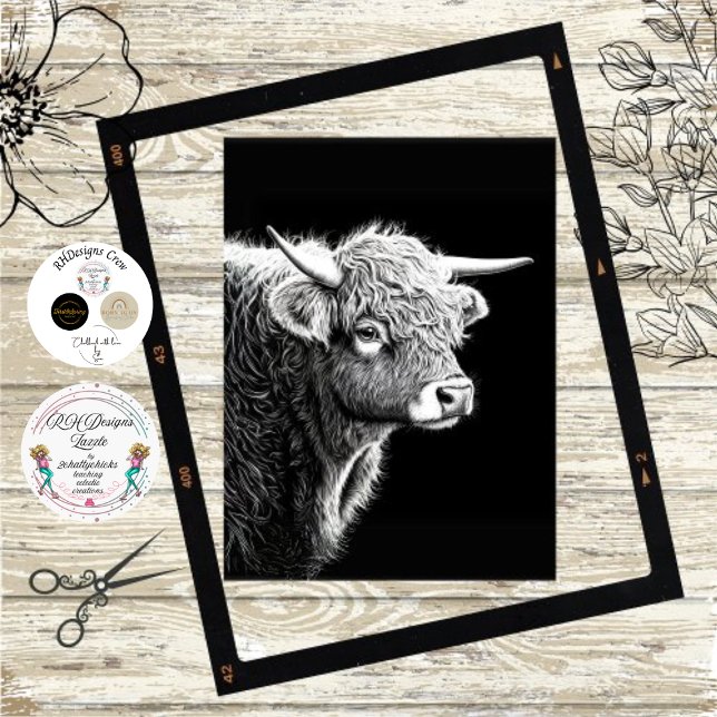 Decoupage Black White Illustration Highland Cow  Tissue Paper (Creator Uploaded)