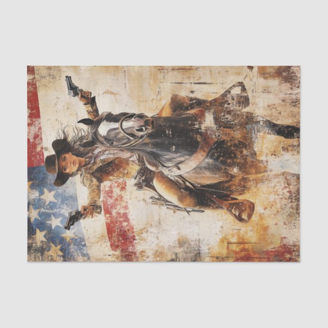 Decoupage Blonde Gunslinger on Horse American Flag Tissue Paper (Front)
