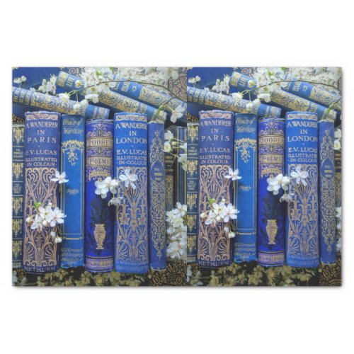 Decoupage Blue Book Spines  Blossoms Tissue Paper