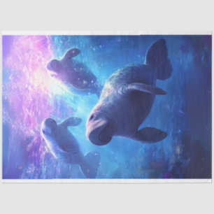 Decoupage Blue Caribbean Waters Manatee Family  Tissue Paper