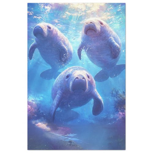 Decoupage Blue Ocean Waters Sad Manatee Family  Tissue Paper